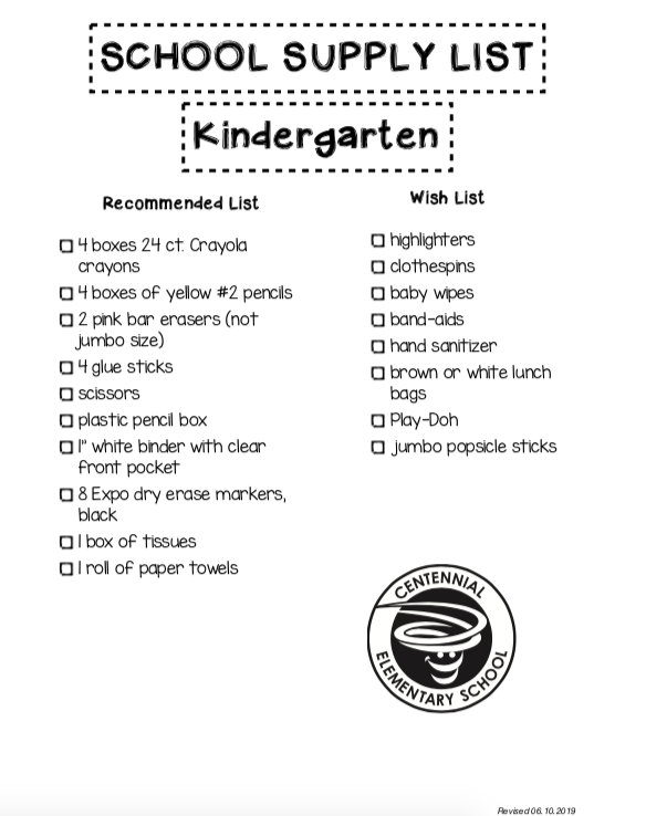 Supply Lists Page 2019-2020 | Centennial Elementary School