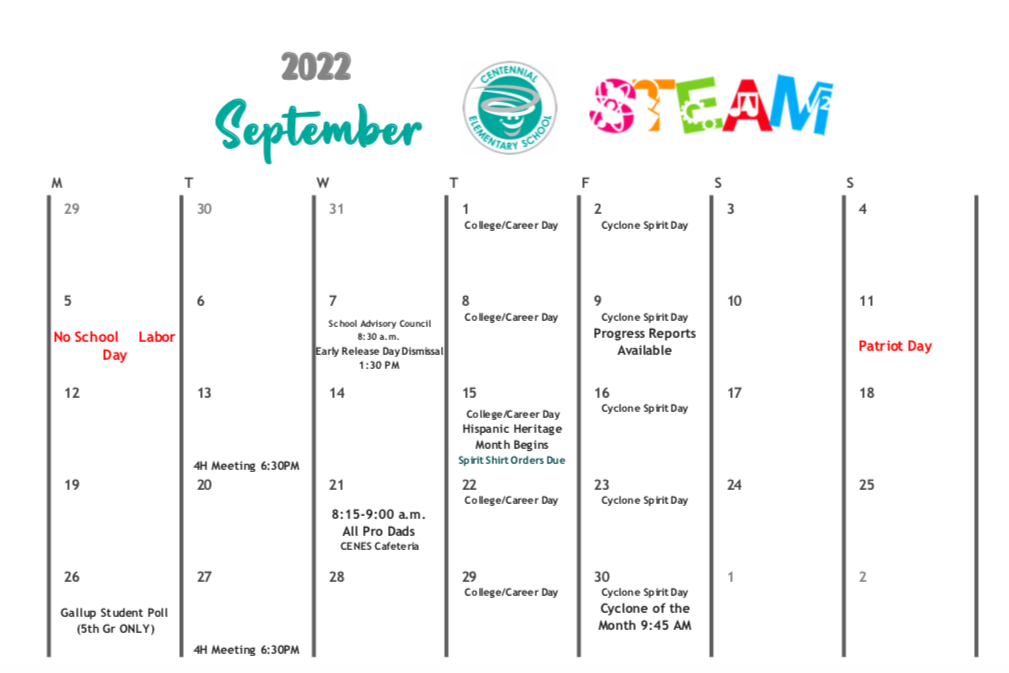 School Calendar September 2022
